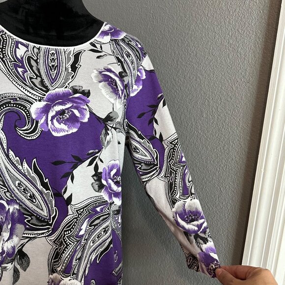 Karen Scott Womens Top XL Purple White Floral Paisley Print 3/4 Sleeve Blouse - Picture 3 of 8